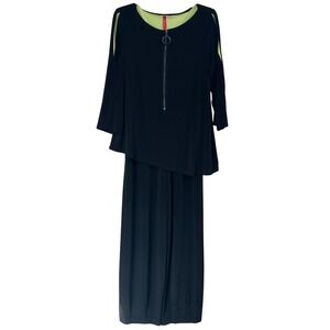 ic by Connie K Black Lime Green Accent Zip Neck 3/4 Sleeve Pant Suit Lagenlook